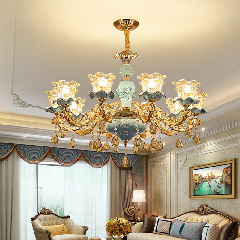 Flared Living Room Ceiling Lighting Traditional Ruffle Glass Blue Chandelier Light Fixture with Crystal Accent 10 Blue Clearhalo 'Ceiling Lights' 'Chandeliers' Lighting' options 2204873_035a0730-81d0-45fa-8422-be6f480ef122