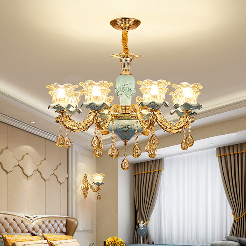 Flared Living Room Ceiling Lighting Traditional Ruffle Glass Blue Chandelier Light Fixture with Crystal Accent Clearhalo 'Ceiling Lights' 'Chandeliers' Lighting' options 2204874