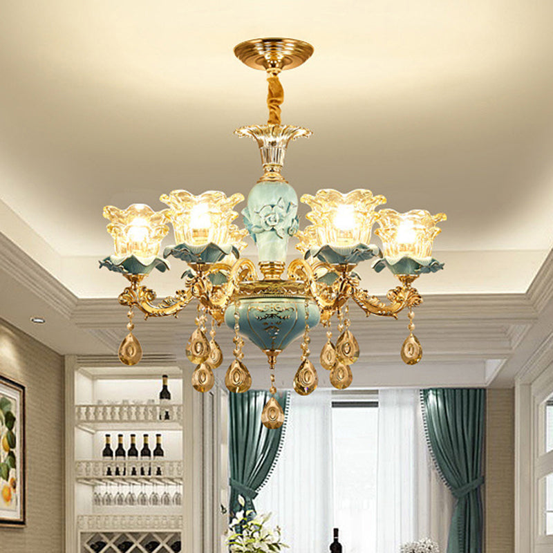 Flared Living Room Ceiling Lighting Traditional Ruffle Glass Blue Chandelier Light Fixture with Crystal Accent 6 Blue Clearhalo 'Ceiling Lights' 'Chandeliers' Lighting' options 2204875_6c937bc5-bdb6-4cac-abdb-bfee0b2d8403