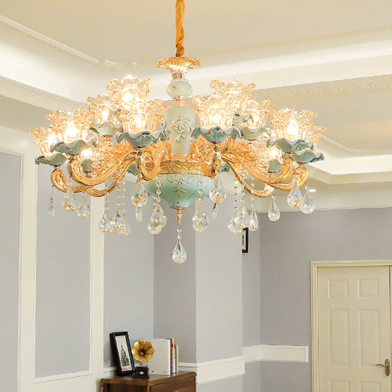 Ruffle Glass Flower Chandelier Pendant Light Vintage Living Room Hanging Light with Hanging Crystal in Blue Clearhalo 'Ceiling Lights' 'Chandeliers' Lighting' options 2204876