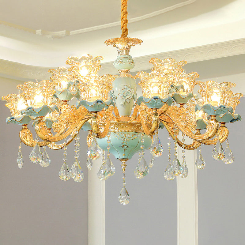 Ruffle Glass Flower Chandelier Pendant Light Vintage Living Room Hanging Light with Hanging Crystal in Blue Clearhalo 'Ceiling Lights' 'Chandeliers' Lighting' options 2204877