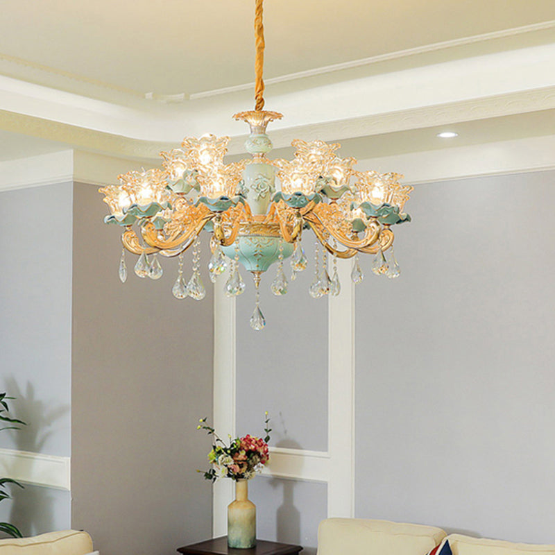 Ruffle Glass Flower Chandelier Pendant Light Vintage Living Room Hanging Light with Hanging Crystal in Blue Clearhalo 'Ceiling Lights' 'Chandeliers' Lighting' options 2204878