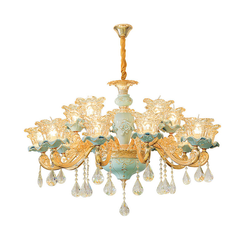 Ruffle Glass Flower Chandelier Pendant Light Vintage Living Room Hanging Light with Hanging Crystal in Blue Clearhalo 'Ceiling Lights' 'Chandeliers' Lighting' options 2204879