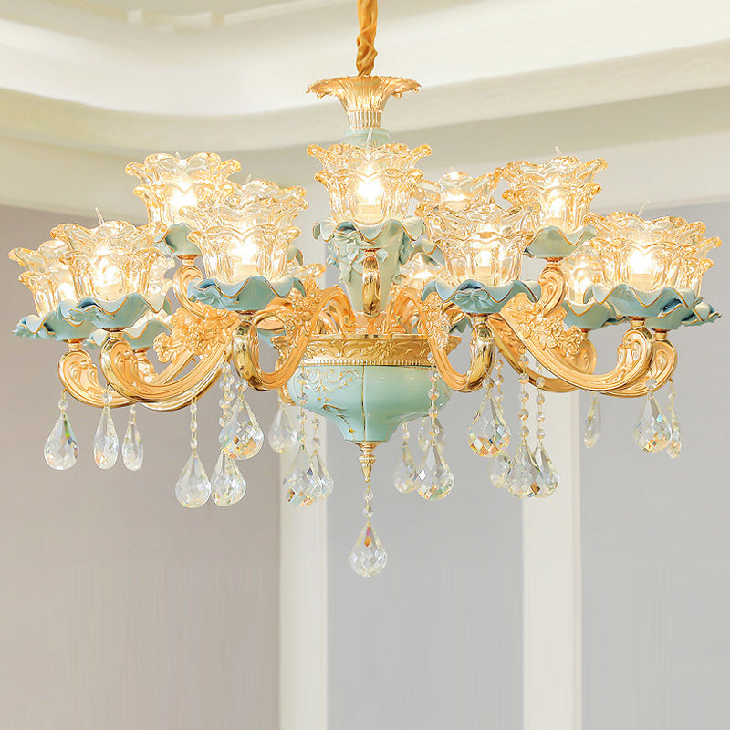 Ruffle Glass Flower Chandelier Pendant Light Vintage Living Room Hanging Light with Hanging Crystal in Blue Clearhalo 'Ceiling Lights' 'Chandeliers' Lighting' options 2204880