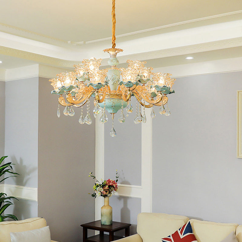 Ruffle Glass Flower Chandelier Pendant Light Vintage Living Room Hanging Light with Hanging Crystal in Blue Clearhalo 'Ceiling Lights' 'Chandeliers' Lighting' options 2204881