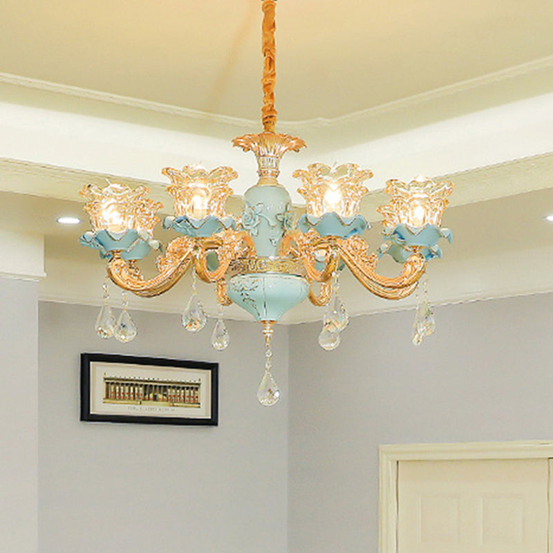 Ruffle Glass Flower Chandelier Pendant Light Vintage Living Room Hanging Light with Hanging Crystal in Blue Clearhalo 'Ceiling Lights' 'Chandeliers' Lighting' options 2204882