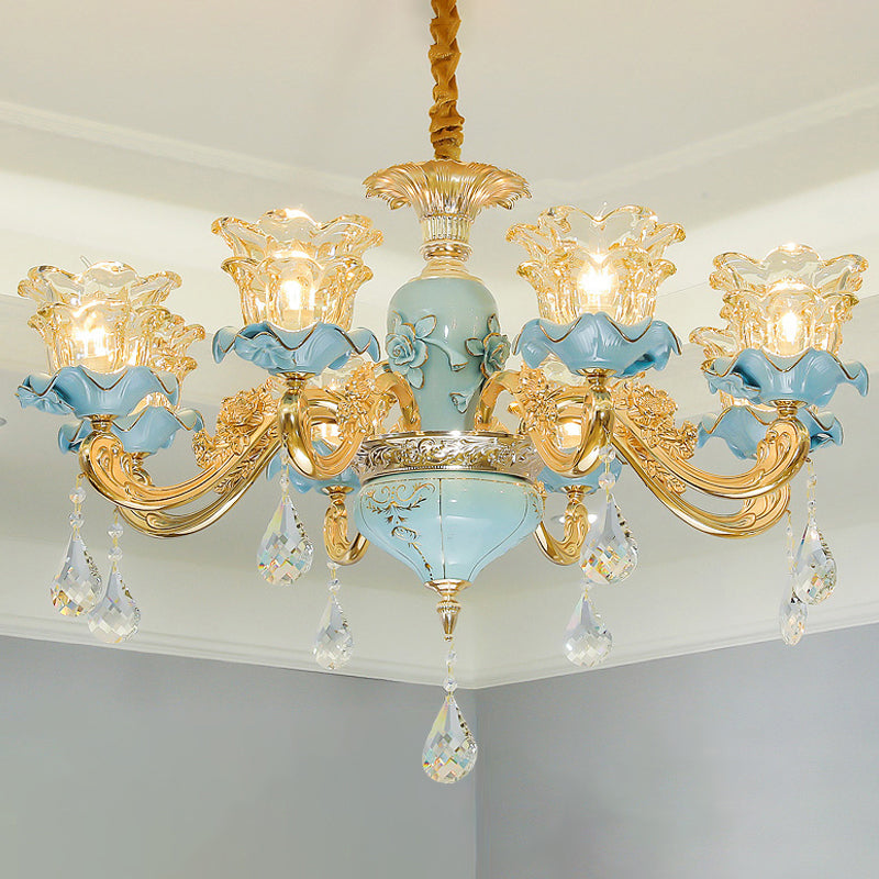 Ruffle Glass Flower Chandelier Pendant Light Vintage Living Room Hanging Light with Hanging Crystal in Blue Clearhalo 'Ceiling Lights' 'Chandeliers' Lighting' options 2204883