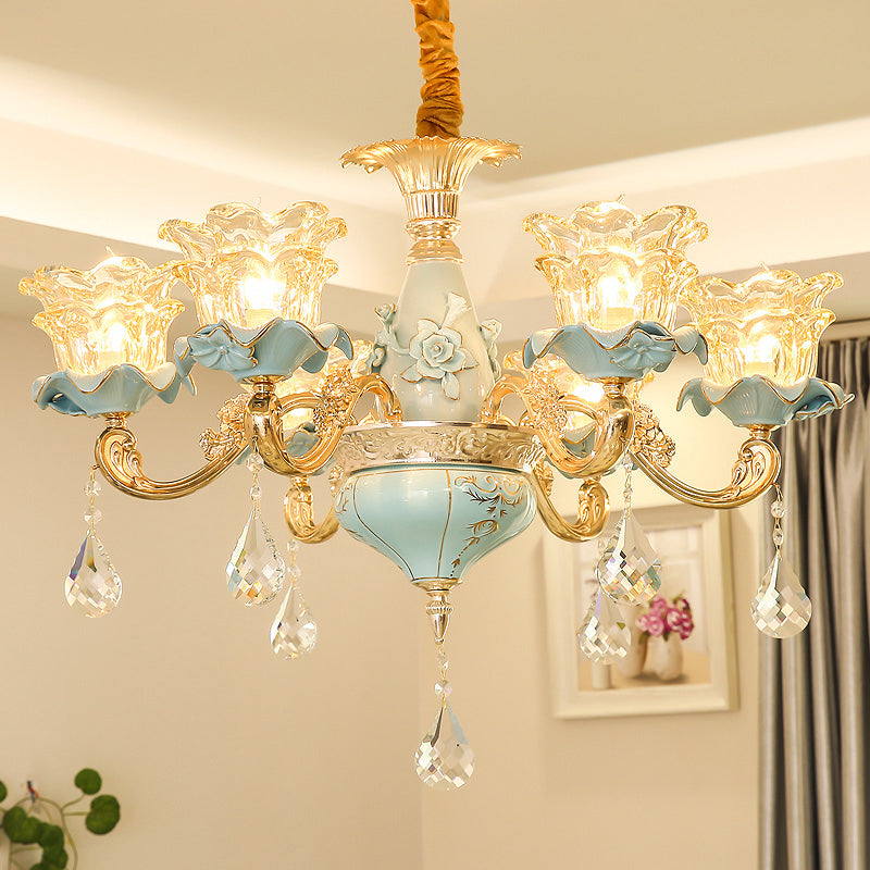 Ruffle Glass Flower Chandelier Pendant Light Vintage Living Room Hanging Light with Hanging Crystal in Blue 6 Blue Clearhalo 'Ceiling Lights' 'Chandeliers' Lighting' options 2204884_14c10634-5851-47ce-ab71-5f293bd9a662