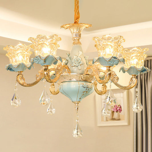 Ruffle Glass Flower Chandelier Pendant Light Vintage Living Room Hanging Light with Hanging Crystal in Blue Clearhalo 'Ceiling Lights' 'Chandeliers' Lighting' options 2204885