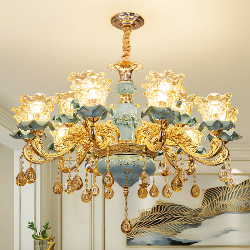 Handblown Glass Blue Chandelier Light Ruffle Flower Retro Pendant Light with Crystal Draping Clearhalo 'Ceiling Lights' 'Chandeliers' Lighting' options 2204886