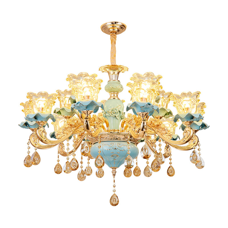 Handblown Glass Blue Chandelier Light Ruffle Flower Retro Pendant Light with Crystal Draping Clearhalo 'Ceiling Lights' 'Chandeliers' Lighting' options 2204888