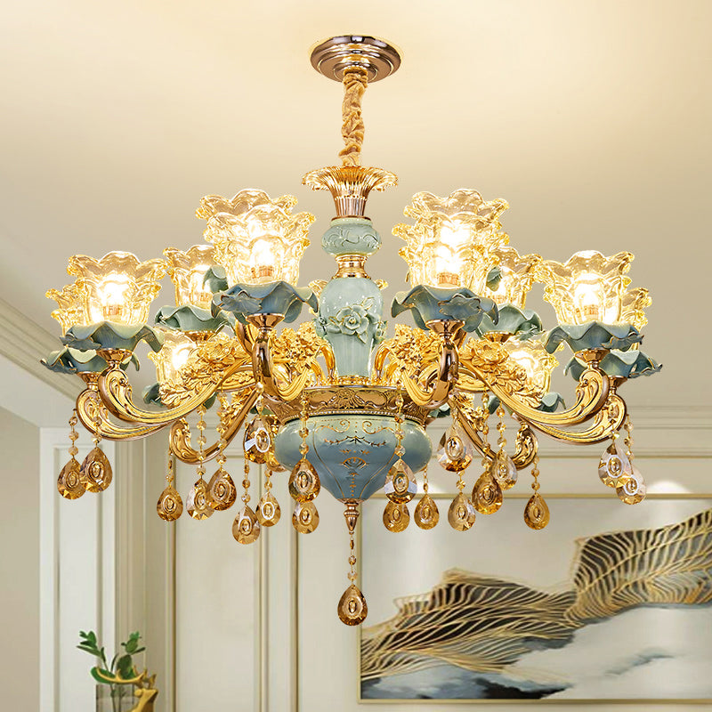 Handblown Glass Blue Chandelier Light Ruffle Flower Retro Pendant Light with Crystal Draping 15 Blue Clearhalo 'Ceiling Lights' 'Chandeliers' Lighting' options 2204889_b8f72adc-32c2-4d90-a003-ef5b6db176c6