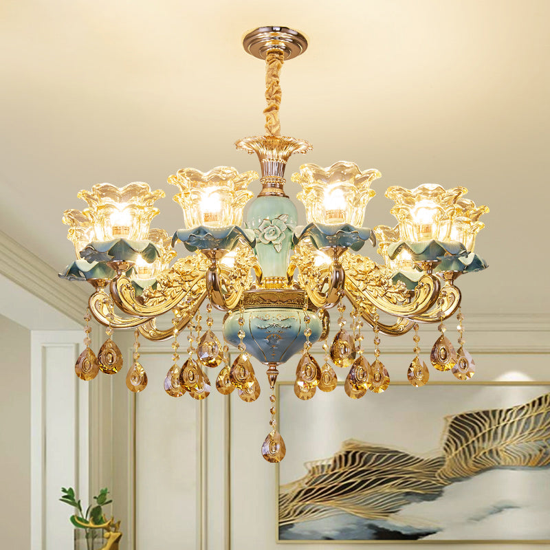 Handblown Glass Blue Chandelier Light Ruffle Flower Retro Pendant Light with Crystal Draping 10 Blue Clearhalo 'Ceiling Lights' 'Chandeliers' Lighting' options 2204892_d7b82f1f-f37f-4269-a616-c39c59d3150a