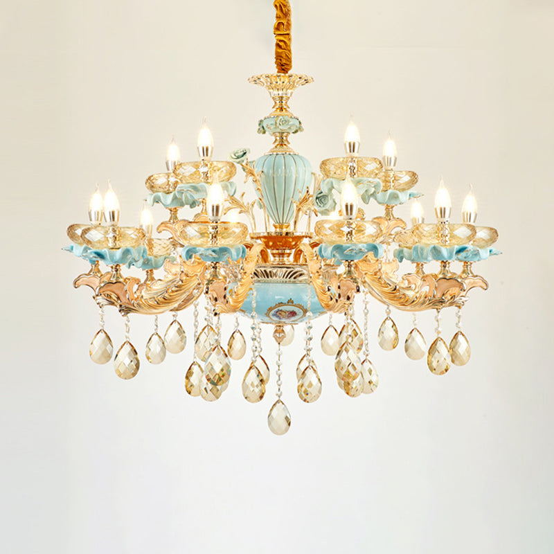 Blue Oblate Suspension Light Retro Style Faceted Crystal Living Room Chandelier Light with Draping Decor Clearhalo 'Ceiling Lights' 'Chandeliers' Lighting' options 2204897