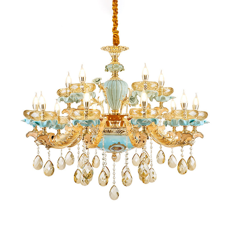 Blue Oblate Suspension Light Retro Style Faceted Crystal Living Room Chandelier Light with Draping Decor Clearhalo 'Ceiling Lights' 'Chandeliers' Lighting' options 2204899