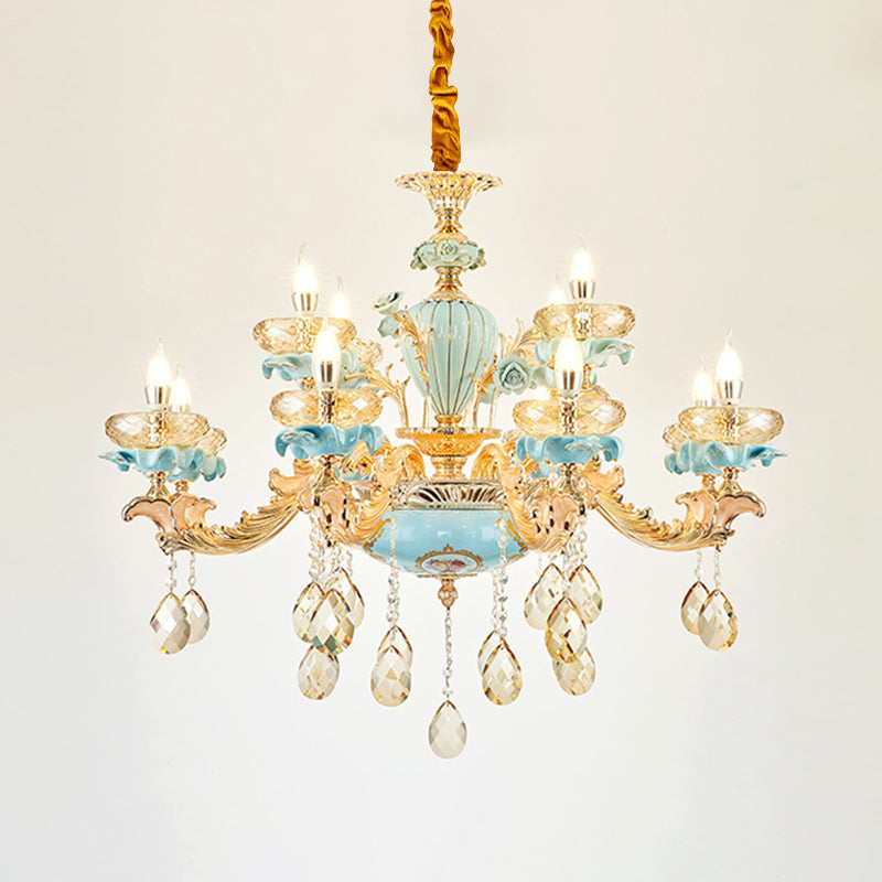 Blue Oblate Suspension Light Retro Style Faceted Crystal Living Room Chandelier Light with Draping Decor Clearhalo 'Ceiling Lights' 'Chandeliers' Lighting' options 2204900