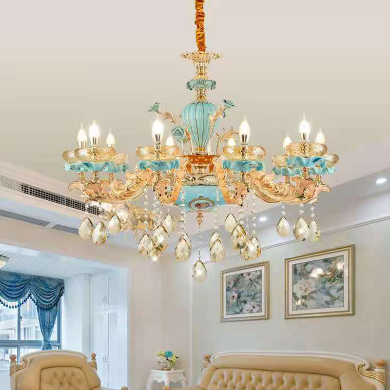 Blue Oblate Suspension Light Retro Style Faceted Crystal Living Room Chandelier Light with Draping Decor 10 Blue Clearhalo 'Ceiling Lights' 'Chandeliers' Lighting' options 2204901_72047727-2c63-4906-b37a-4f1ad13a647a