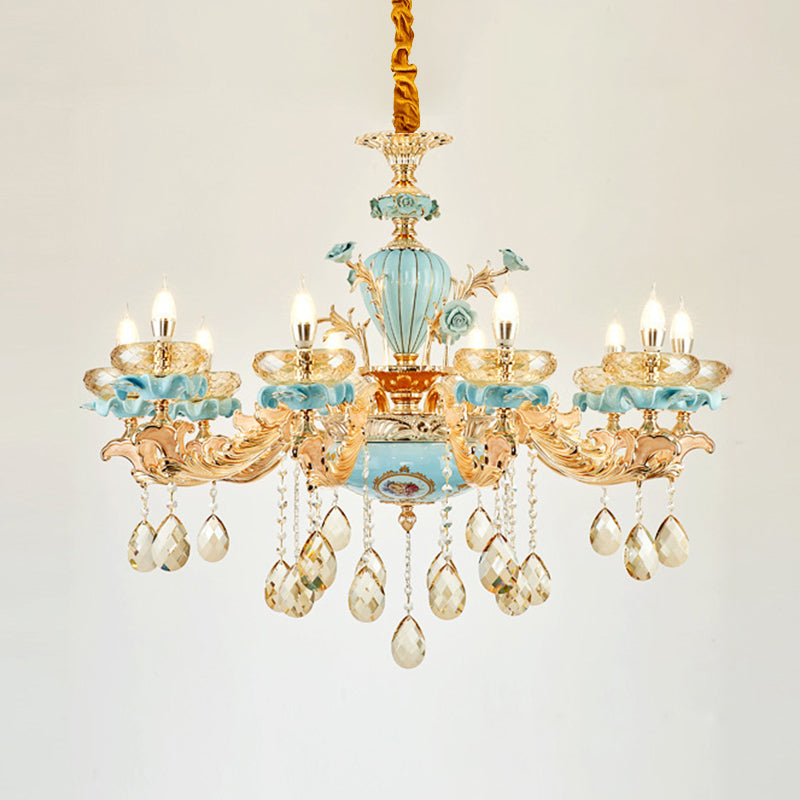 Blue Oblate Suspension Light Retro Style Faceted Crystal Living Room Chandelier Light with Draping Decor Clearhalo 'Ceiling Lights' 'Chandeliers' Lighting' options 2204902