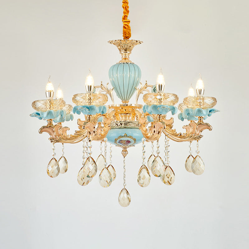 Blue Oblate Suspension Light Retro Style Faceted Crystal Living Room Chandelier Light with Draping Decor Clearhalo 'Ceiling Lights' 'Chandeliers' Lighting' options 2204903