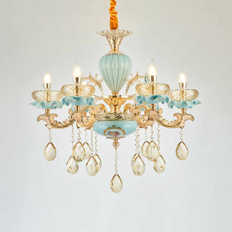 Blue Oblate Suspension Light Retro Style Faceted Crystal Living Room Chandelier Light with Draping Decor Clearhalo 'Ceiling Lights' 'Chandeliers' Lighting' options 2204904