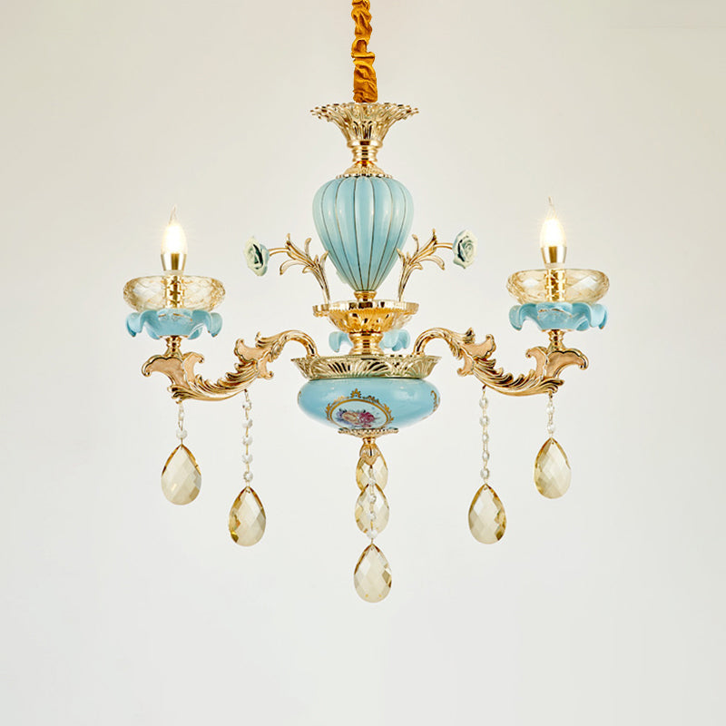 Blue Oblate Suspension Light Retro Style Faceted Crystal Living Room Chandelier Light with Draping Decor Clearhalo 'Ceiling Lights' 'Chandeliers' Lighting' options 2204905