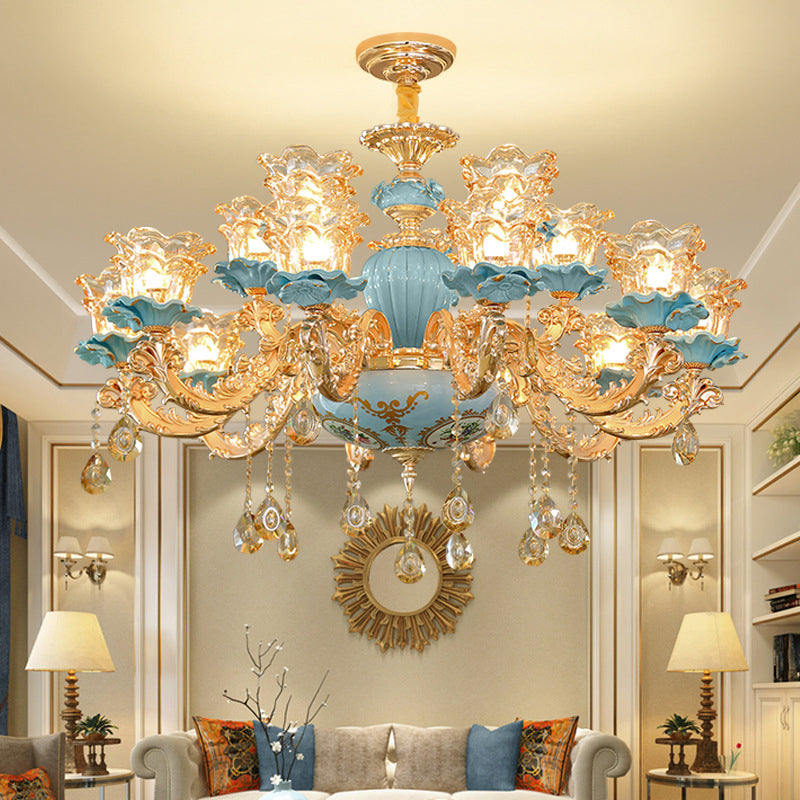 Blue Chandelier Lighting Classic Handblown Glass Ruffle Floral Pendant Light with Crystal Accent Clearhalo 'Ceiling Lights' 'Chandeliers' Lighting' options 2204908