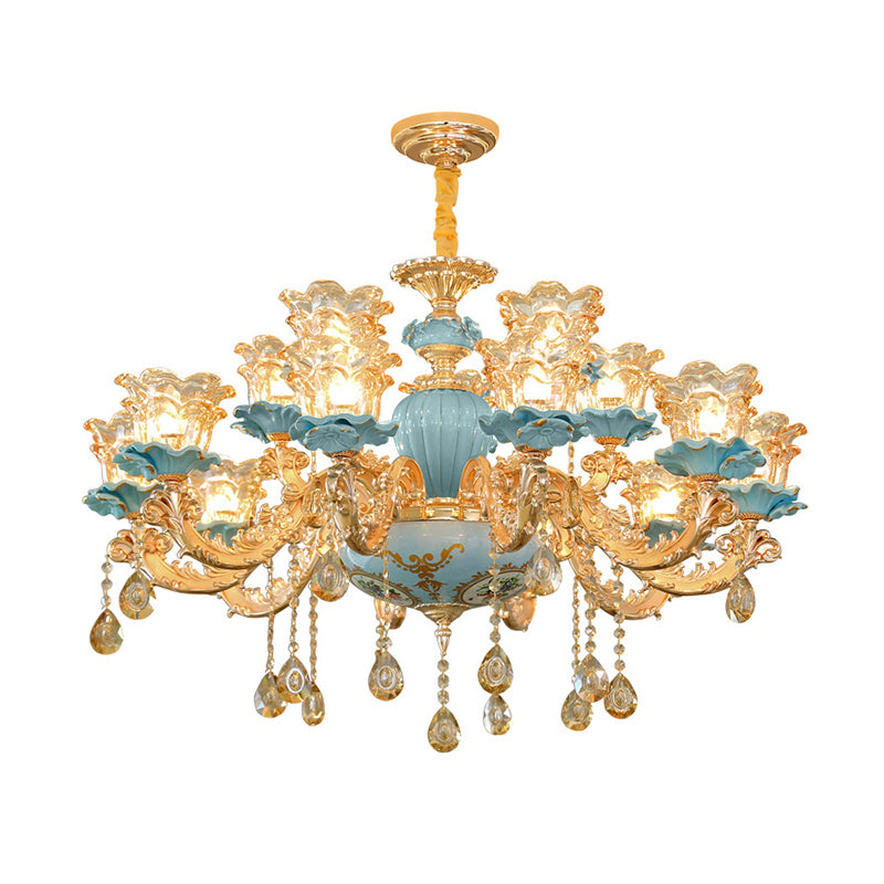 Blue Chandelier Lighting Classic Handblown Glass Ruffle Floral Pendant Light with Crystal Accent Clearhalo 'Ceiling Lights' 'Chandeliers' Lighting' options 2204909