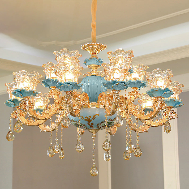 Blue Chandelier Lighting Classic Handblown Glass Ruffle Floral Pendant Light with Crystal Accent Clearhalo 'Ceiling Lights' 'Chandeliers' Lighting' options 2204911