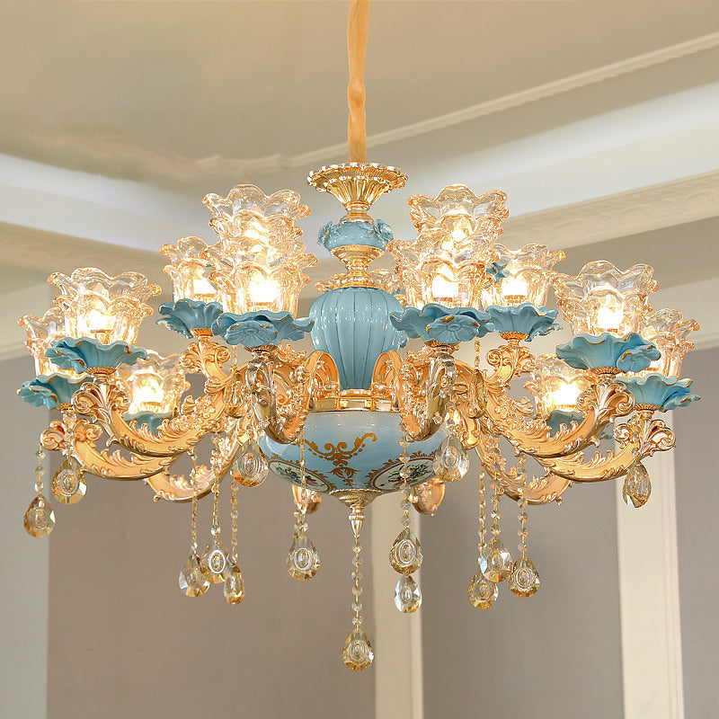 Blue Chandelier Lighting Classic Handblown Glass Ruffle Floral Pendant Light with Crystal Accent Clearhalo 'Ceiling Lights' 'Chandeliers' Lighting' options 2204912