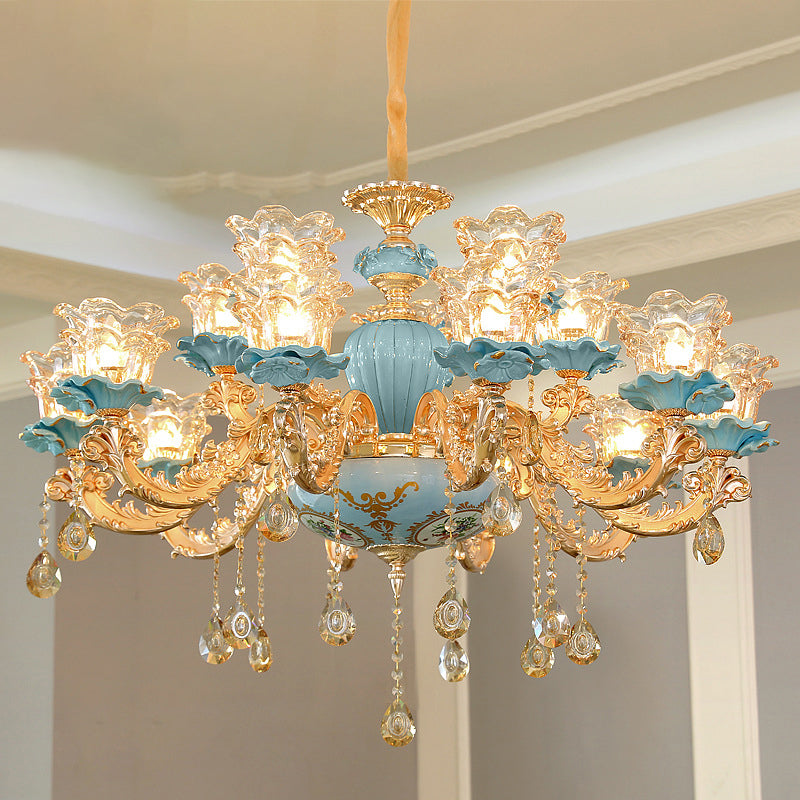 Blue Chandelier Lighting Classic Handblown Glass Ruffle Floral Pendant Light with Crystal Accent Clearhalo 'Ceiling Lights' 'Chandeliers' Lighting' options 2204913