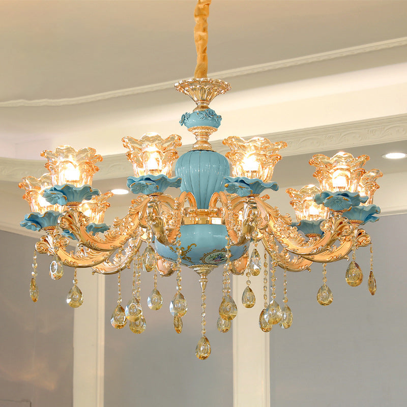 Blue Chandelier Lighting Classic Handblown Glass Ruffle Floral Pendant Light with Crystal Accent Clearhalo 'Ceiling Lights' 'Chandeliers' Lighting' options 2204914