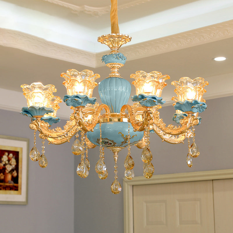 Blue Chandelier Lighting Classic Handblown Glass Ruffle Floral Pendant Light with Crystal Accent Clearhalo 'Ceiling Lights' 'Chandeliers' Lighting' options 2204915