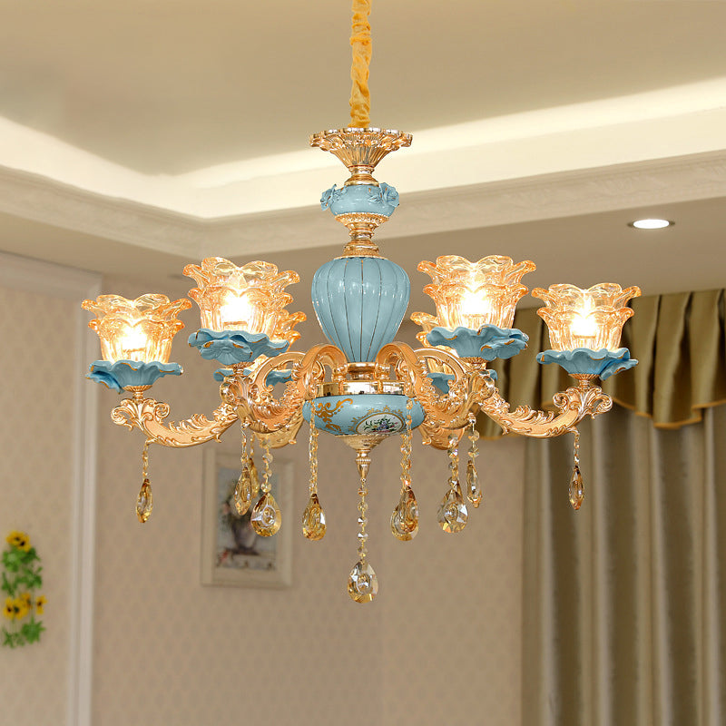 Blue Chandelier Lighting Classic Handblown Glass Ruffle Floral Pendant Light with Crystal Accent Clearhalo 'Ceiling Lights' 'Chandeliers' Lighting' options 2204916