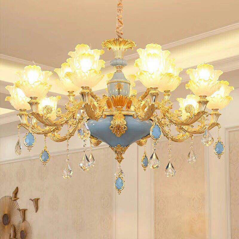 Traditional Ruffled Floral Ceiling Lighting Textured Glass Chandelier Light Fixture with Crystal Accent Light Blue Clearhalo 'Ceiling Lights' 'Chandeliers' Lighting' options 2204918_6db32493-c21f-4ea9-93ec-fad16d9ec9e0