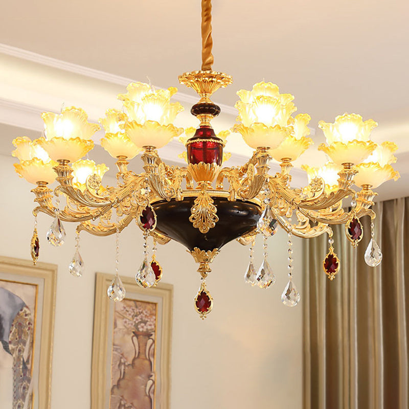 Traditional Ruffled Floral Ceiling Lighting Textured Glass Chandelier Light Fixture with Crystal Accent Clearhalo 'Ceiling Lights' 'Chandeliers' Lighting' options 2204923