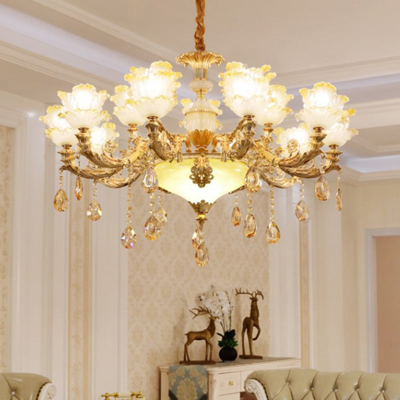 Traditional Ruffled Floral Ceiling Lighting Textured Glass Chandelier Light Fixture with Crystal Accent Ivory Clearhalo 'Ceiling Lights' 'Chandeliers' Lighting' options 2204924_2a4e3f84-5694-45d4-8aad-291aaba3cfc7