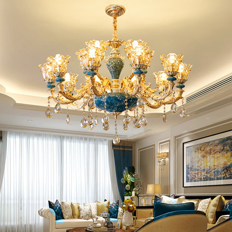 Flared Ruffle Glass Chandelier Pendant Light Vintage Living Room Hanging Light with Hanging Crystal in Gold 15 Gold Clearhalo 'Ceiling Lights' 'Chandeliers' Lighting' options 2204925_0fcaf059-f8d6-45b6-ae40-1fcbfd0a1863