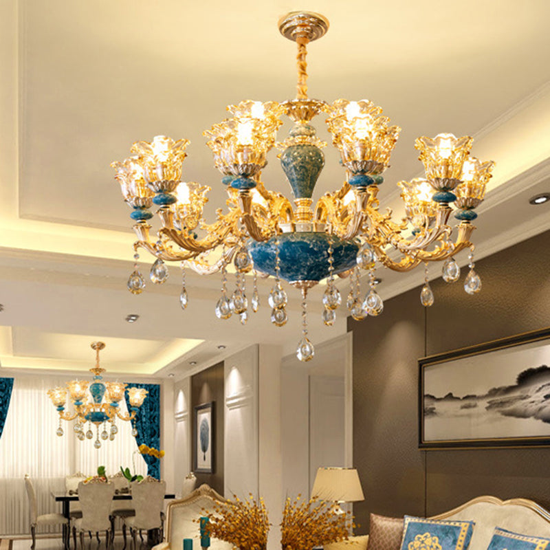 Flared Ruffle Glass Chandelier Pendant Light Vintage Living Room Hanging Light with Hanging Crystal in Gold Clearhalo 'Ceiling Lights' 'Chandeliers' Lighting' options 2204927