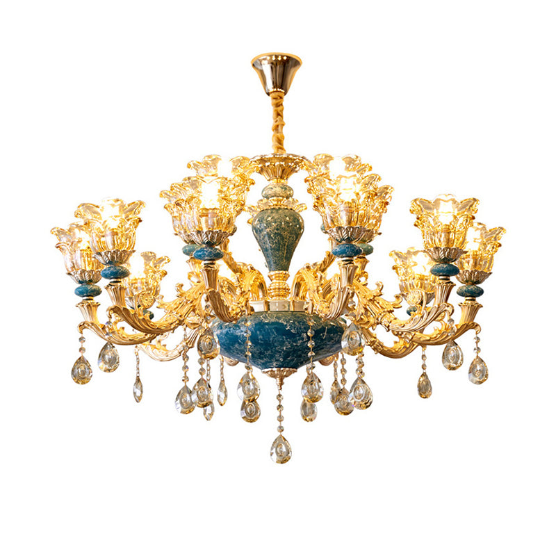 Flared Ruffle Glass Chandelier Pendant Light Vintage Living Room Hanging Light with Hanging Crystal in Gold Clearhalo 'Ceiling Lights' 'Chandeliers' Lighting' options 2204929