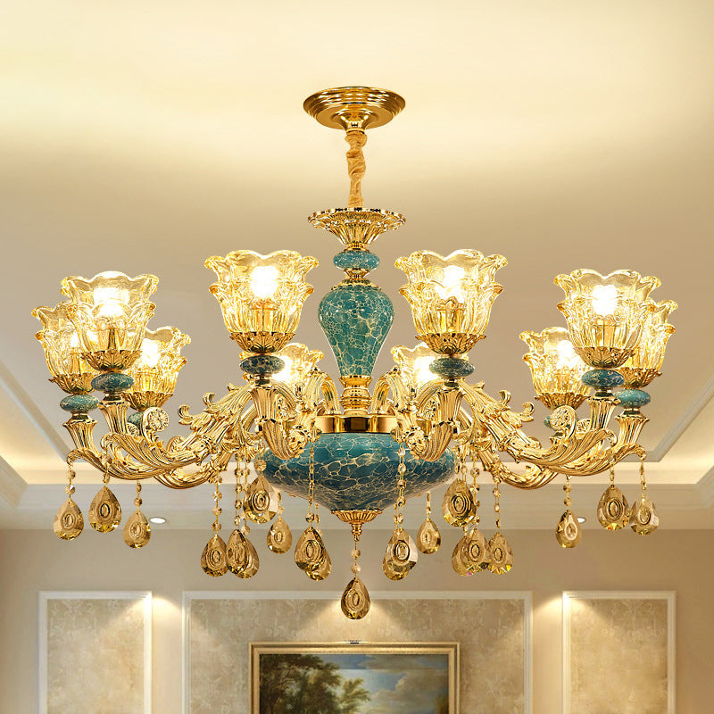 Flared Ruffle Glass Chandelier Pendant Light Vintage Living Room Hanging Light with Hanging Crystal in Gold 10 Gold Clearhalo 'Ceiling Lights' 'Chandeliers' Lighting' options 2204930_982939aa-ed1d-410e-8848-1bd2c6fc919c