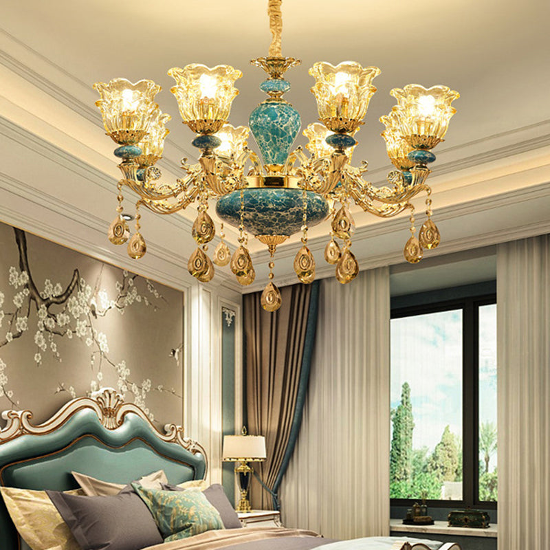 Flared Ruffle Glass Chandelier Pendant Light Vintage Living Room Hanging Light with Hanging Crystal in Gold 8 Gold Clearhalo 'Ceiling Lights' 'Chandeliers' Lighting' options 2204931_f32ccd1e-d17a-40bb-a8f7-21217819a50a