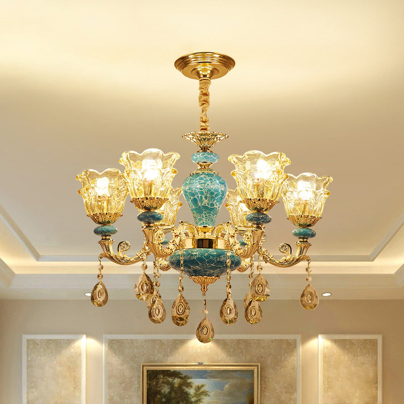 Flared Ruffle Glass Chandelier Pendant Light Vintage Living Room Hanging Light with Hanging Crystal in Gold Clearhalo 'Ceiling Lights' 'Chandeliers' Lighting' options 2204933