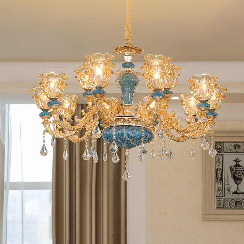 Ruffled Edge Living Room Chandelier Light Retro Handblown Glass Gold Pendant Light Fixture with Crystal Draping Clearhalo 'Ceiling Lights' 'Chandeliers' Lighting' options 2204934