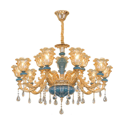 Ruffled Edge Living Room Chandelier Light Retro Handblown Glass Gold Pendant Light Fixture with Crystal Draping Clearhalo 'Ceiling Lights' 'Chandeliers' Lighting' options 2204937