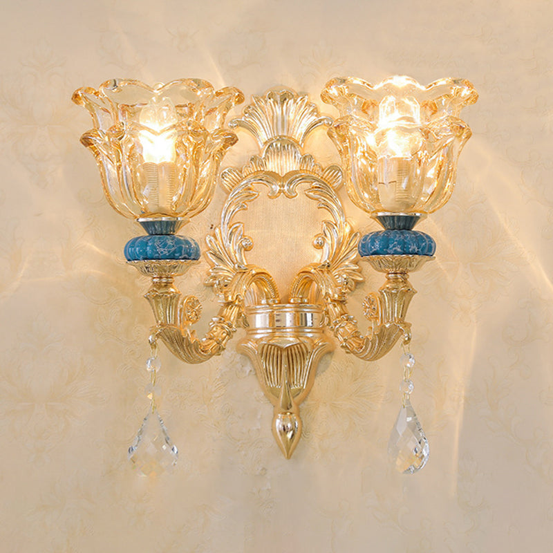 Ruffled Edge Living Room Chandelier Light Retro Handblown Glass Gold Pendant Light Fixture with Crystal Draping Clearhalo 'Ceiling Lights' 'Chandeliers' Lighting' options 2204942