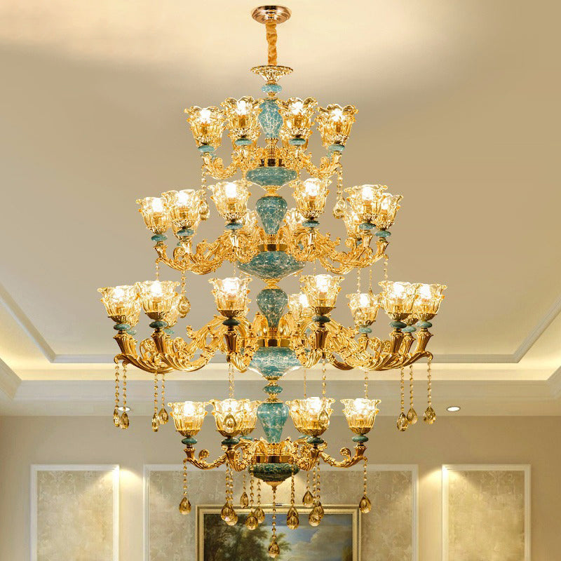 Ruffled Edge Living Room Chandelier Light Retro Handblown Glass Gold Pendant Light Fixture with Crystal Draping 36 Gold Clearhalo 'Ceiling Lights' 'Chandeliers' Lighting' options 2204944_804d2d4d-3a28-415b-b690-20ab2a9a2ff5