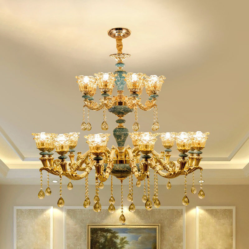 Ruffled Edge Living Room Chandelier Light Retro Handblown Glass Gold Pendant Light Fixture with Crystal Draping 20 Gold Clearhalo 'Ceiling Lights' 'Chandeliers' Lighting' options 2204946_ceca4089-5686-49b7-ad9e-6787b3e52708