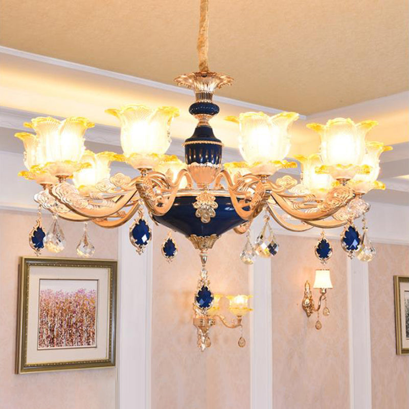 Carved Glass Floral Suspension Light Retro Style Living Room Chandelier Light with Crystal Accent 10 Royal Blue Clearhalo 'Ceiling Lights' 'Chandeliers' Lighting' options 2204947_7a5af976-ca52-4e10-b910-a78fc14c94e2