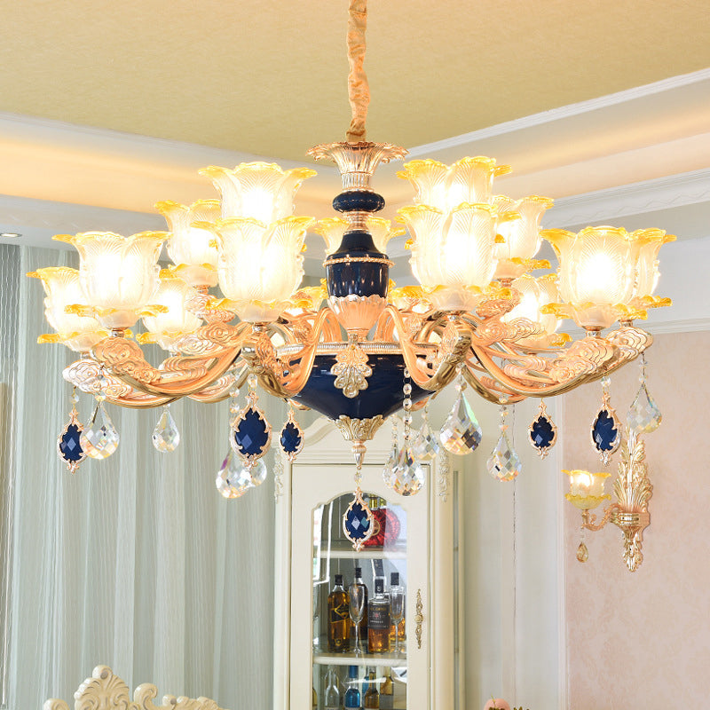 Carved Glass Floral Suspension Light Retro Style Living Room Chandelier Light with Crystal Accent 15 Royal Blue Clearhalo 'Ceiling Lights' 'Chandeliers' Lighting' options 2204948_490745fb-797c-412e-925a-b36da812fdb8