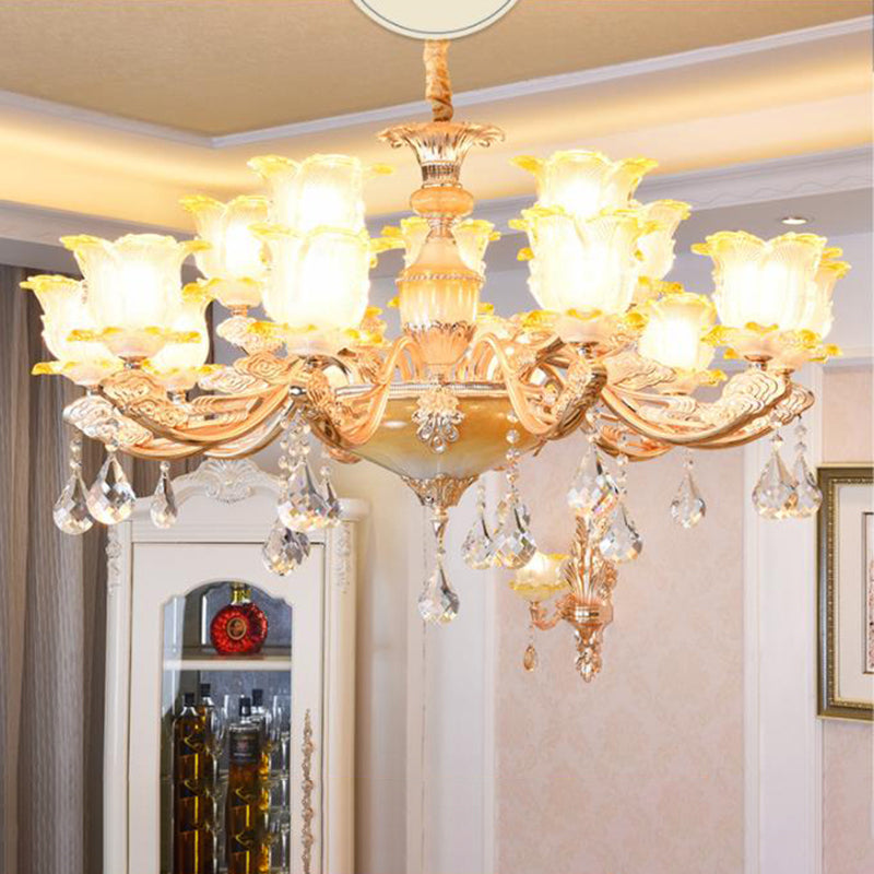 Carved Glass Floral Suspension Light Retro Style Living Room Chandelier Light with Crystal Accent Clearhalo 'Ceiling Lights' 'Chandeliers' Lighting' options 2204949